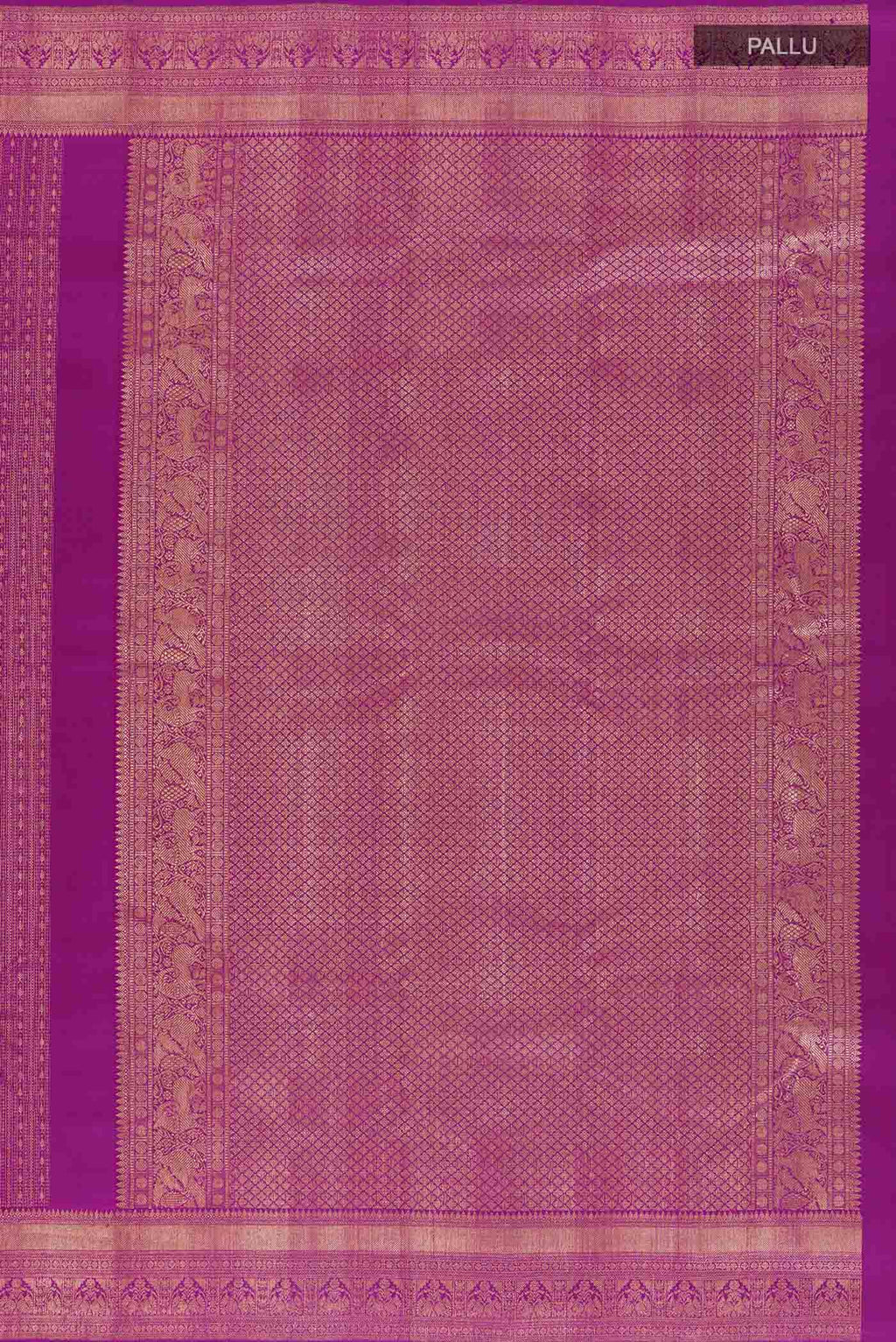 Close up image of the pallu of Purple Kanchipuram Silk Saree with Zari Butta on the body and Zari Border