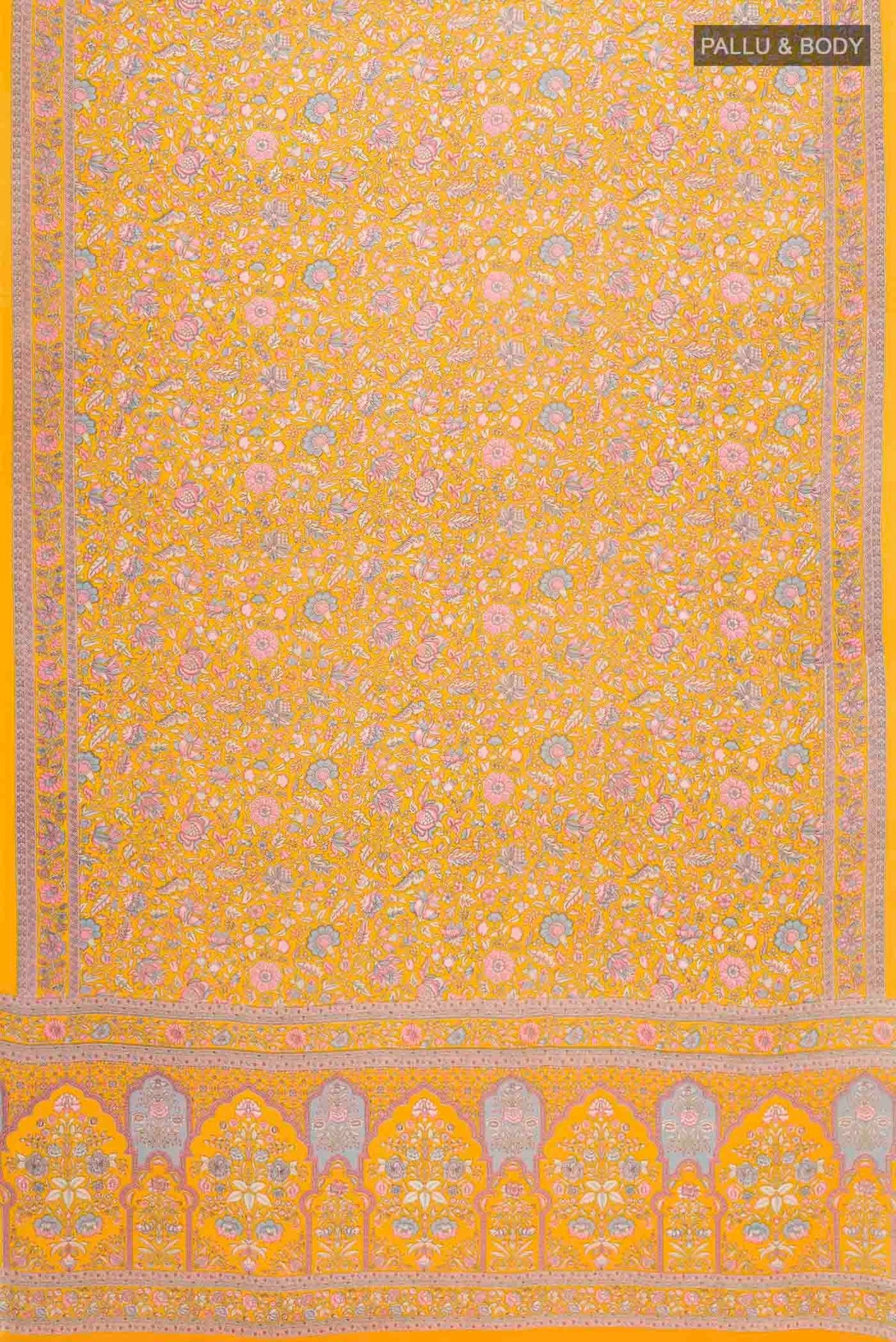 Flat view of Yellow Mysore Crepe Saree with Printed design on the body and Printed Border