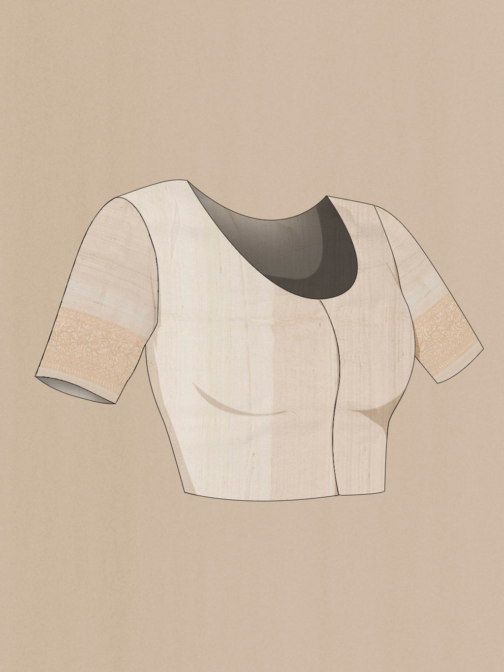 Close up image of the blouse of Off White Banarasi Tussar Georgette Saree with Zari Brocade on the body and Zari Border