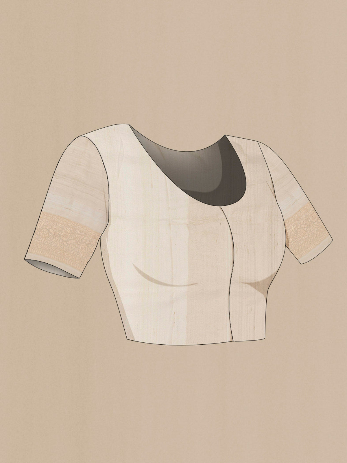 Close up image of the blouse of Off White Banarasi Tussar Georgette Saree with Zari Brocade on the body and Zari Border