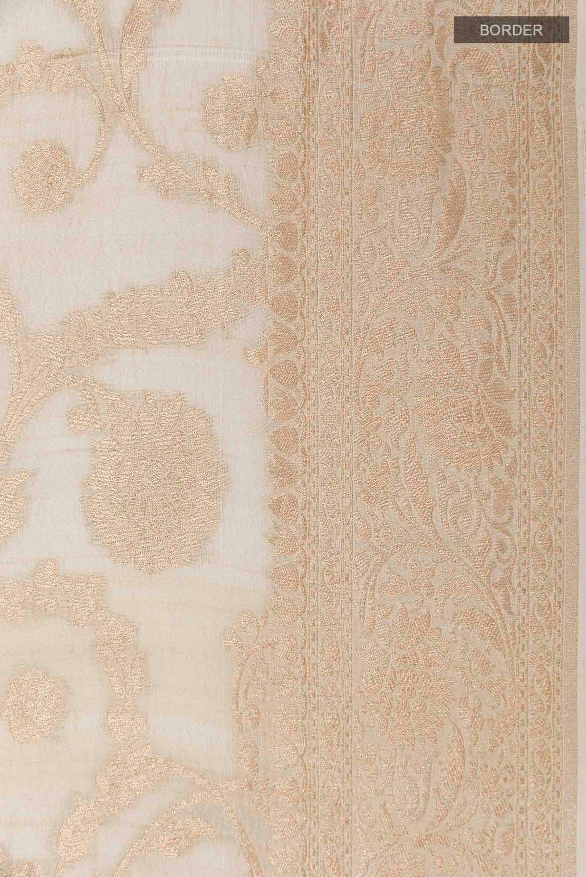 Border image of Off White Banarasi Tussar Georgette Saree with Zari Brocade on the body and Zari Border