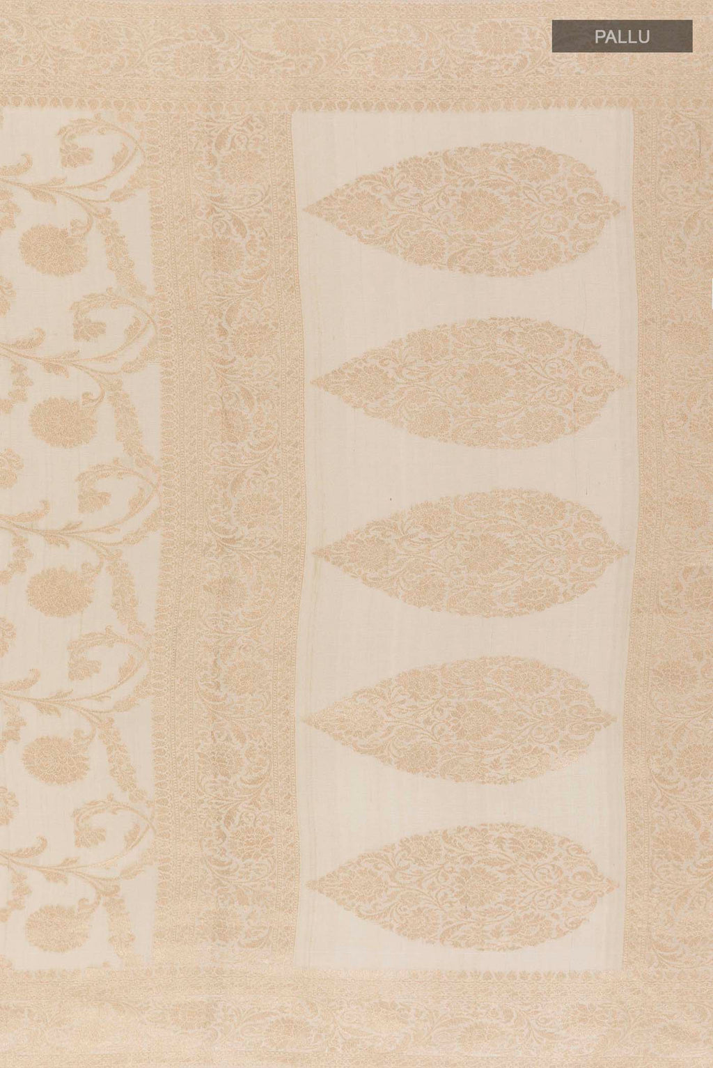 Close up image of the pallu of Off White Banarasi Tussar Georgette Saree with Zari Brocade on the body and Zari Border