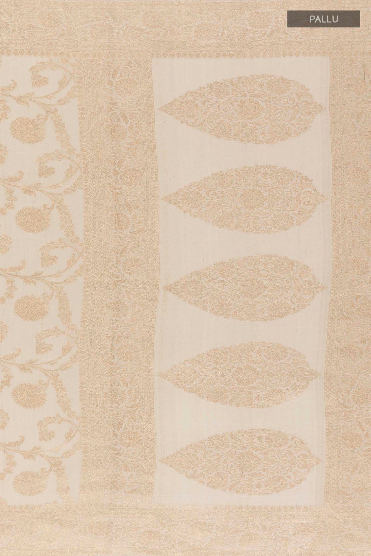 Close up image of the pallu of Off White Banarasi Tussar Georgette Saree with Zari Brocade on the body and Zari Border