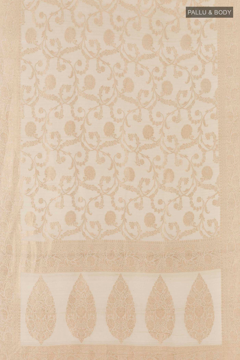 Flat view of Off White Banarasi Tussar Georgette Saree with Zari Brocade on the body and Zari Border