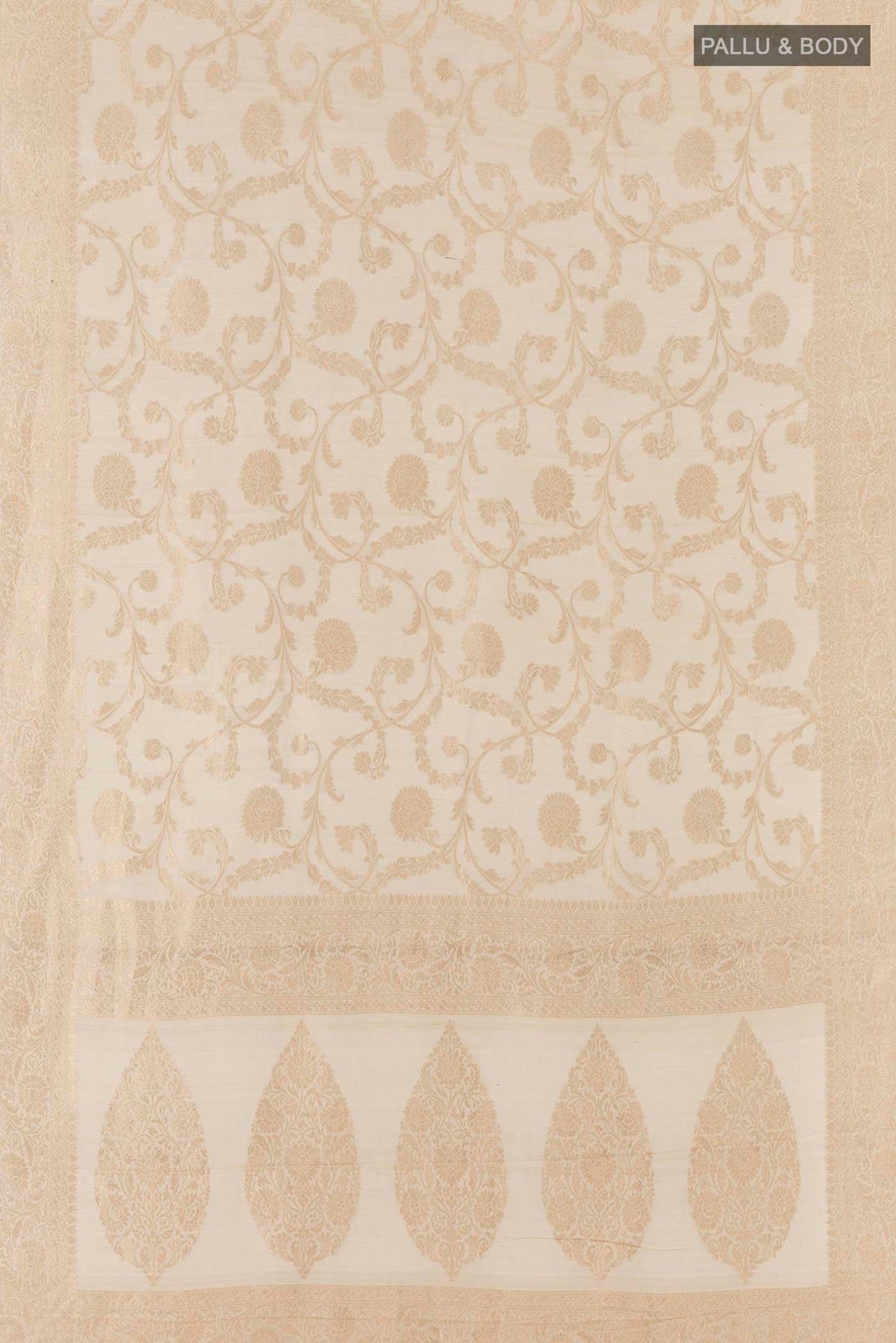 Flat view of Off White Banarasi Tussar Georgette Saree with Zari Brocade on the body and Zari Border