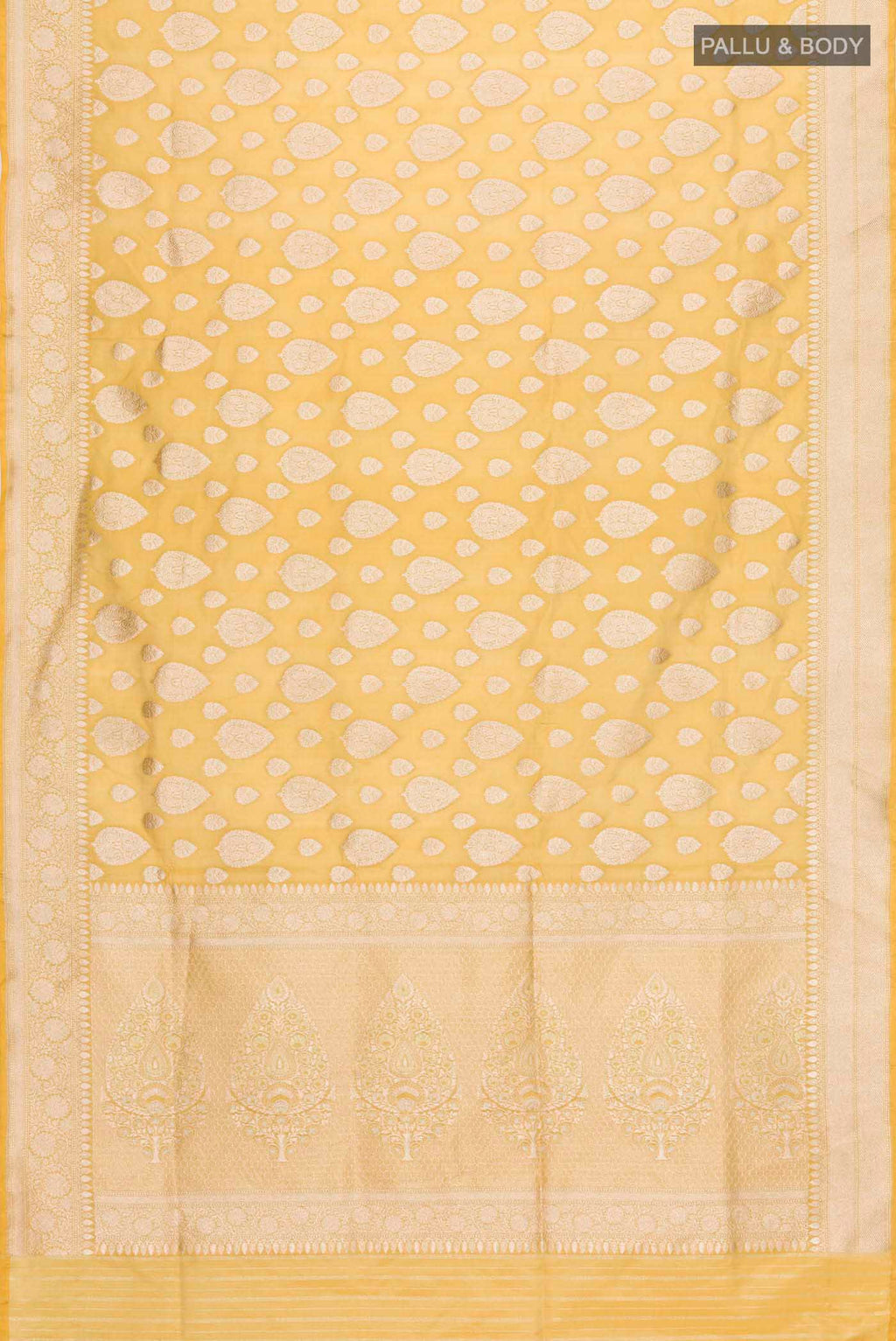 Flat view of Yellow Banarasi Silk Saree with Zari Butta on the body and Zari Border
