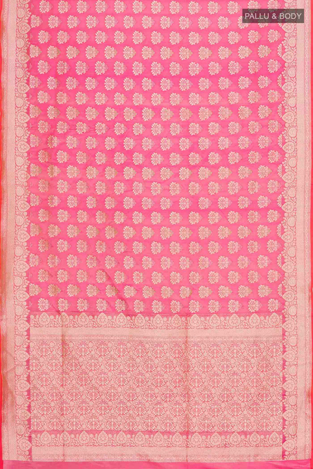 Flat view of Pink Banarasi Silk Saree with Zari Butta on the body and Zari Border