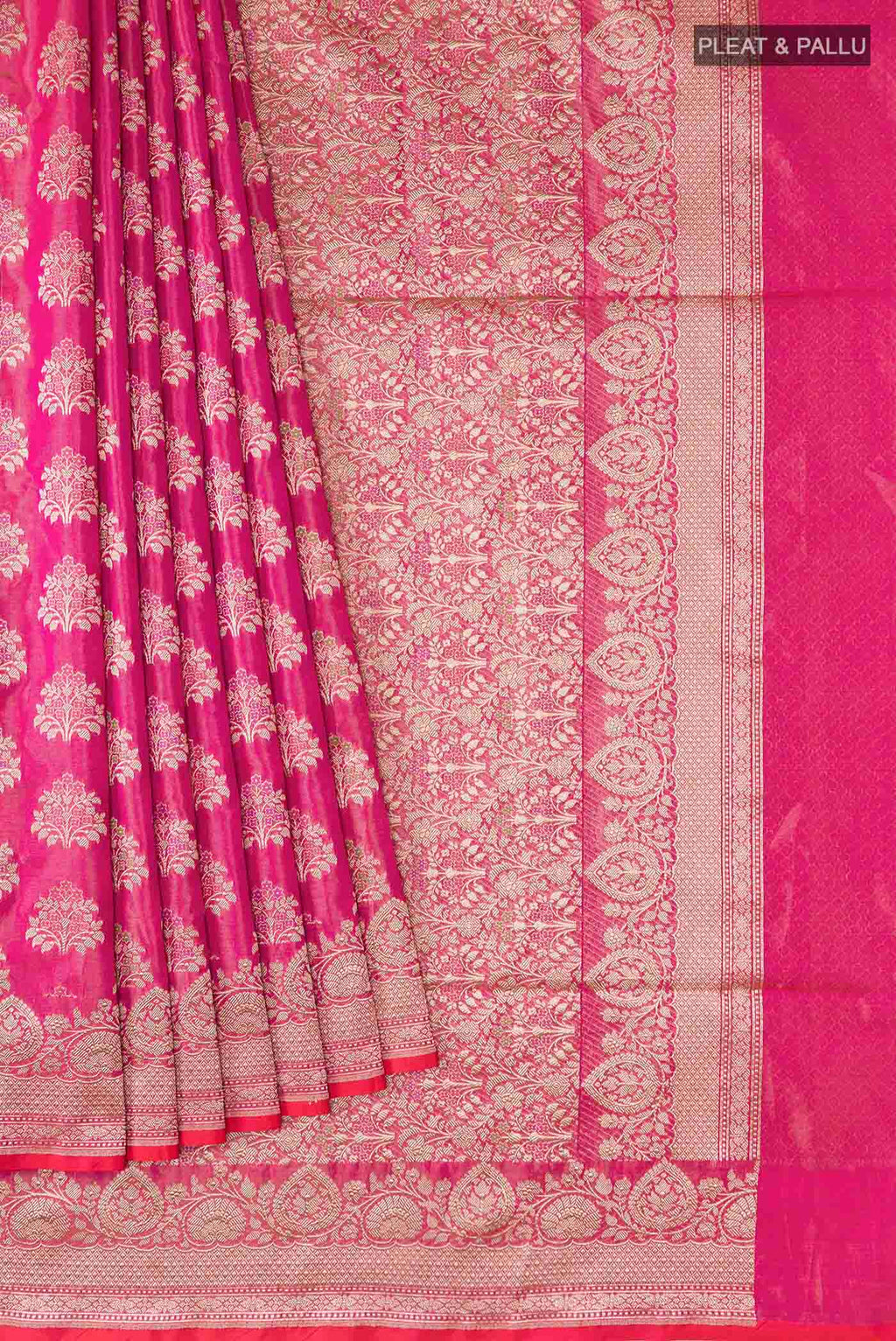 Pleats and pallu of Pink Banarasi Silk Saree with Zari Butta on the body and Zari Border