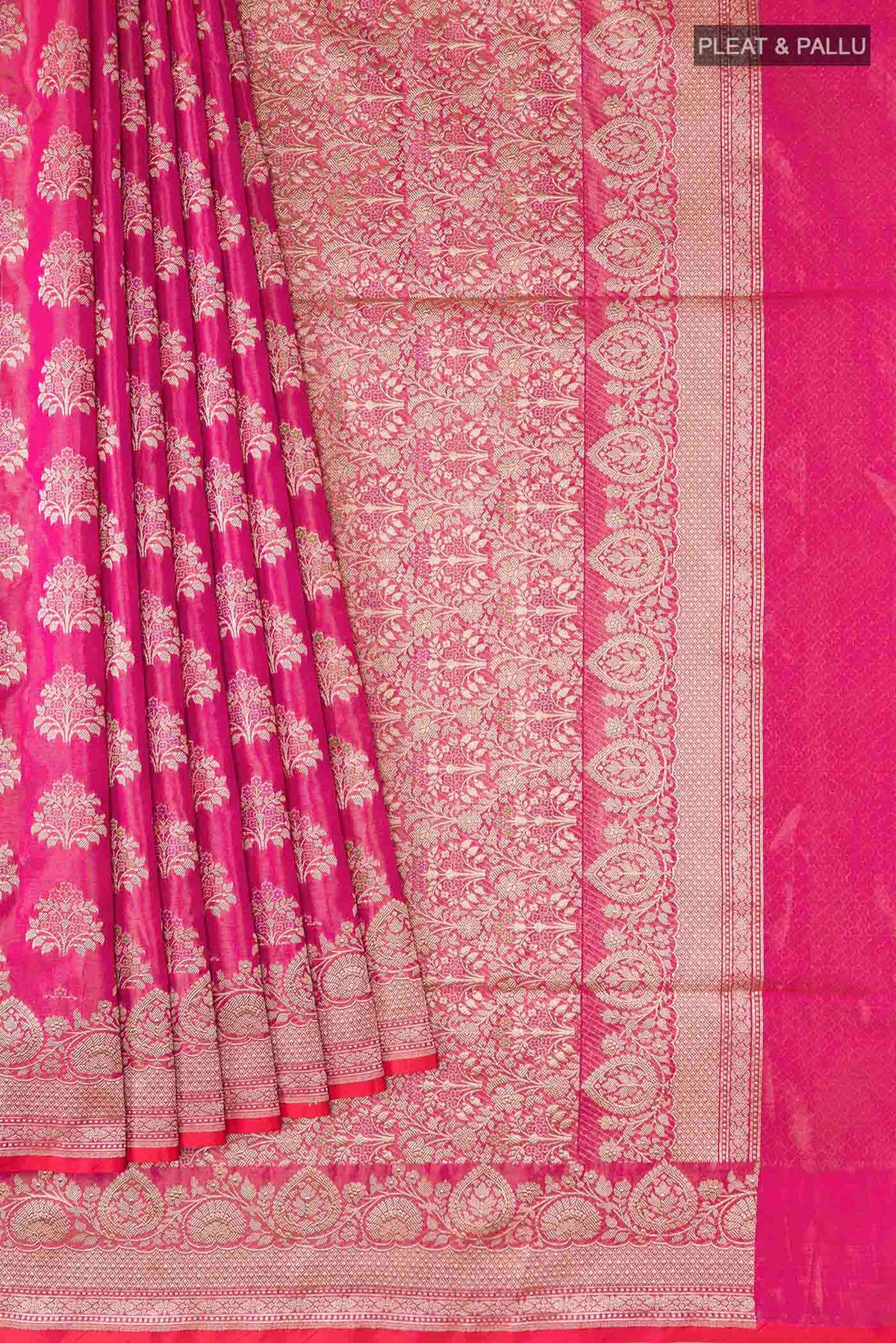Pleats and pallu of Pink Banarasi Silk Saree with Zari Butta on the body and Zari Border
