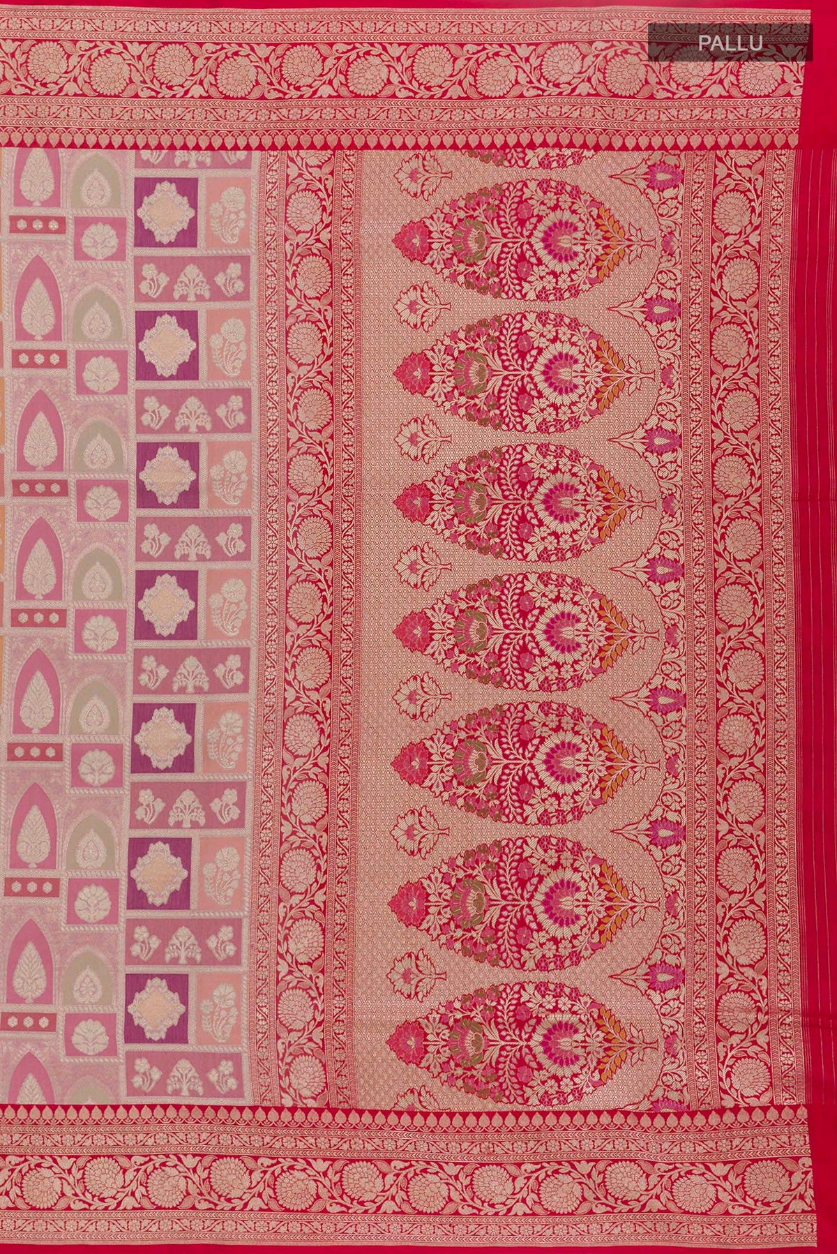 Close up image of the pallu of Multi Color Banarasi Silk Saree with Zari Brocade on the body and Zari Border. 
