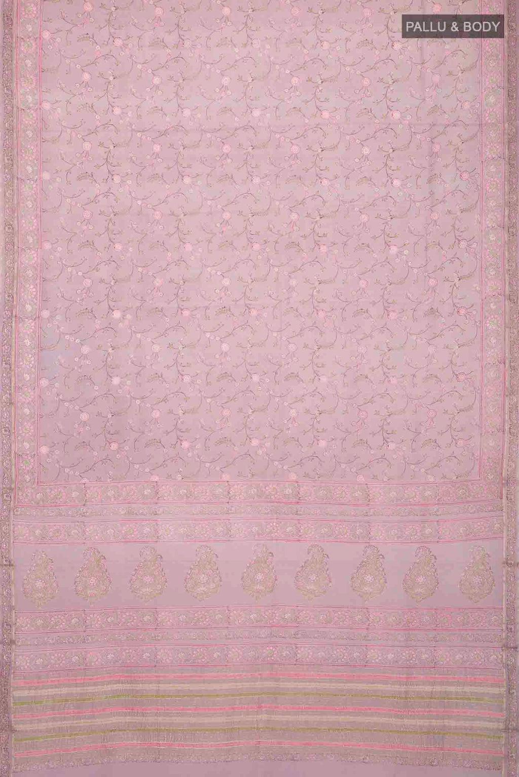 Flat view of Lavender Mysore Crepe Saree with Printed design on the body and Zari Border