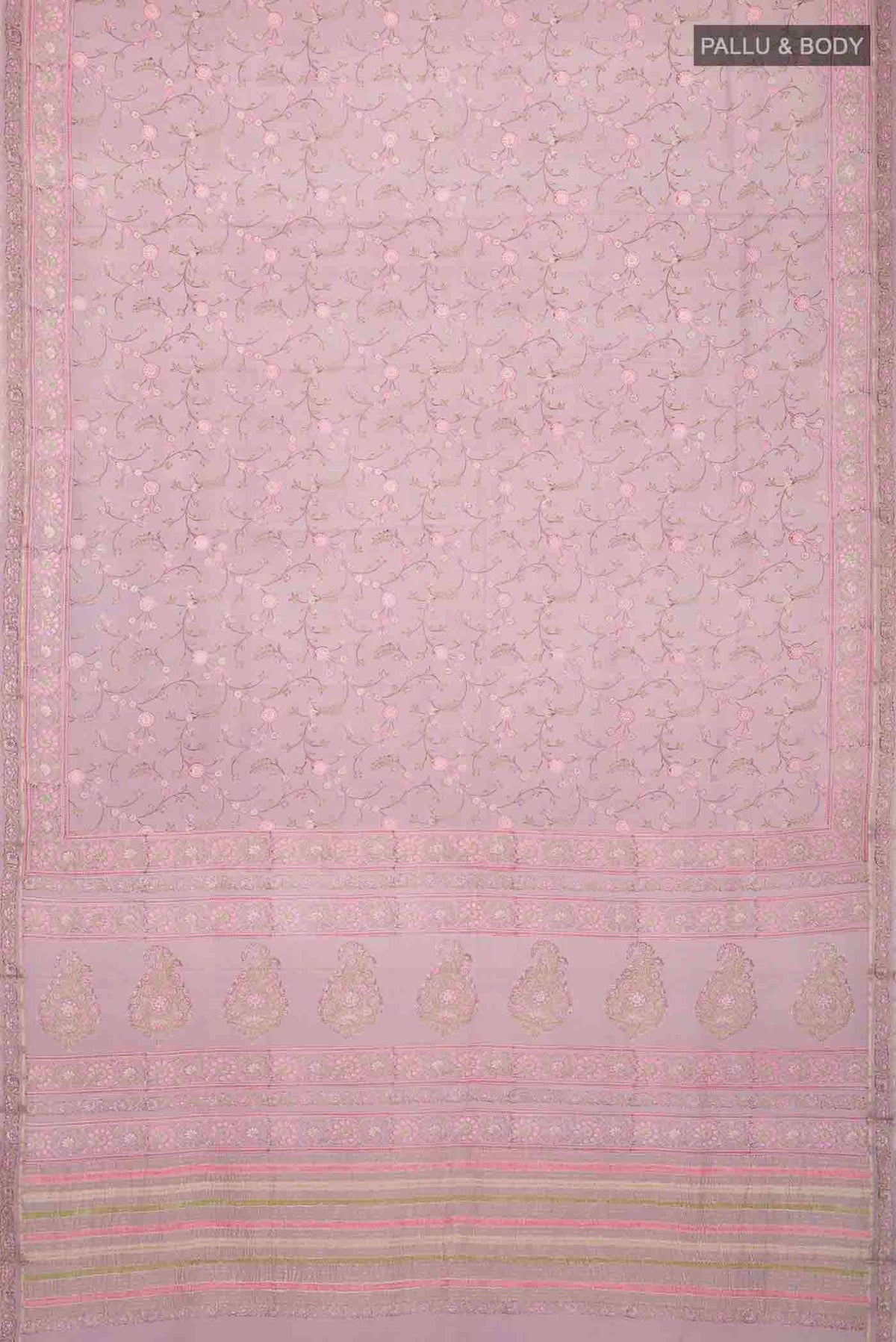 Flat view of Lavender Mysore Crepe Saree with Printed design on the body and Zari Border