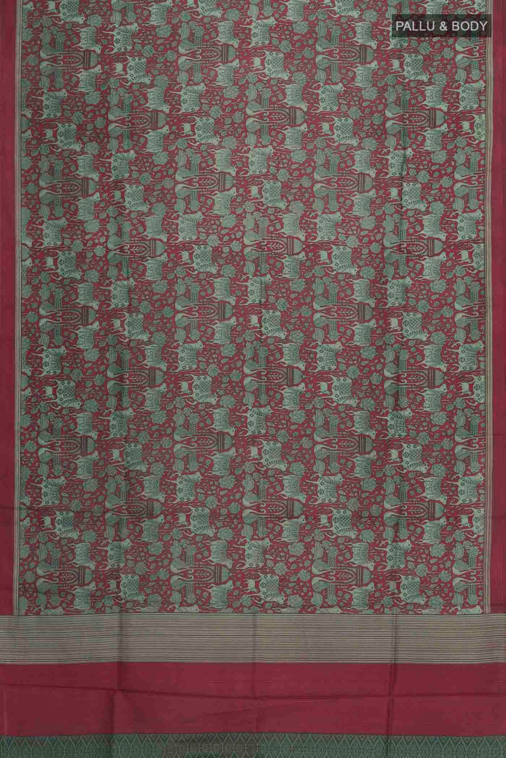 Flat view of Maroon Printed Silk Saree with Printed design on the body and Plain Border