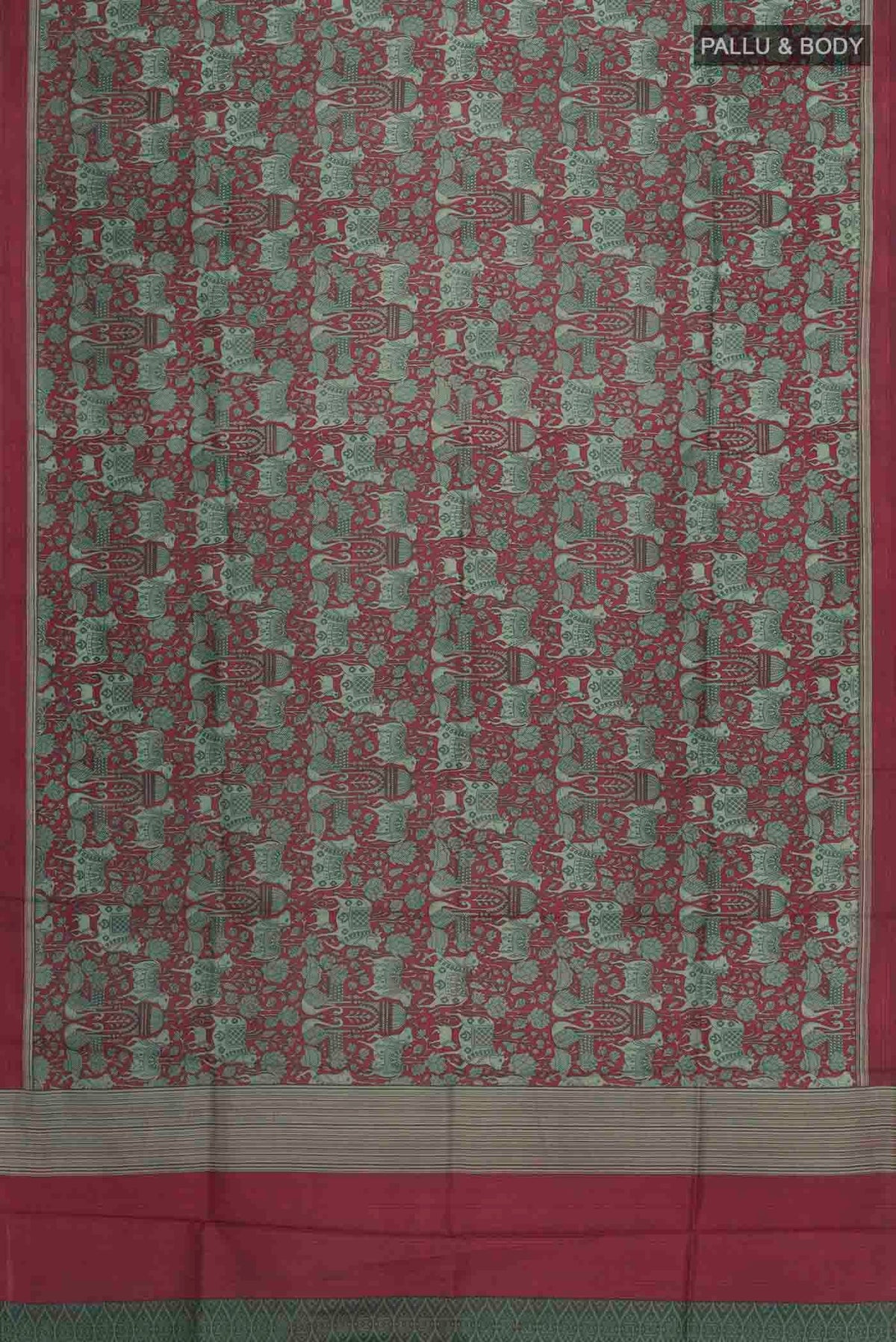 Flat view of Maroon Printed Silk Saree with Printed design on the body and Plain Border