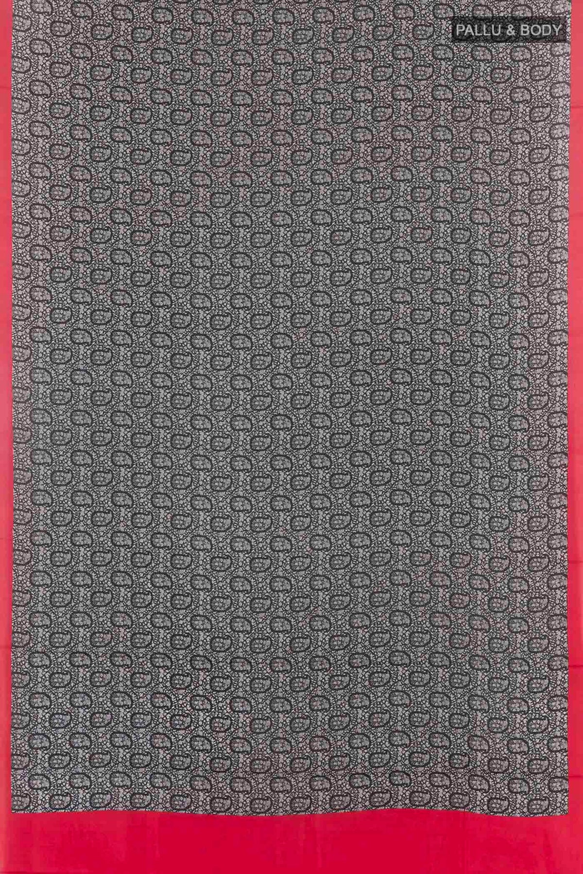 Flat view of Black Printed Silk Saree with Printed design on the body and Plain Border