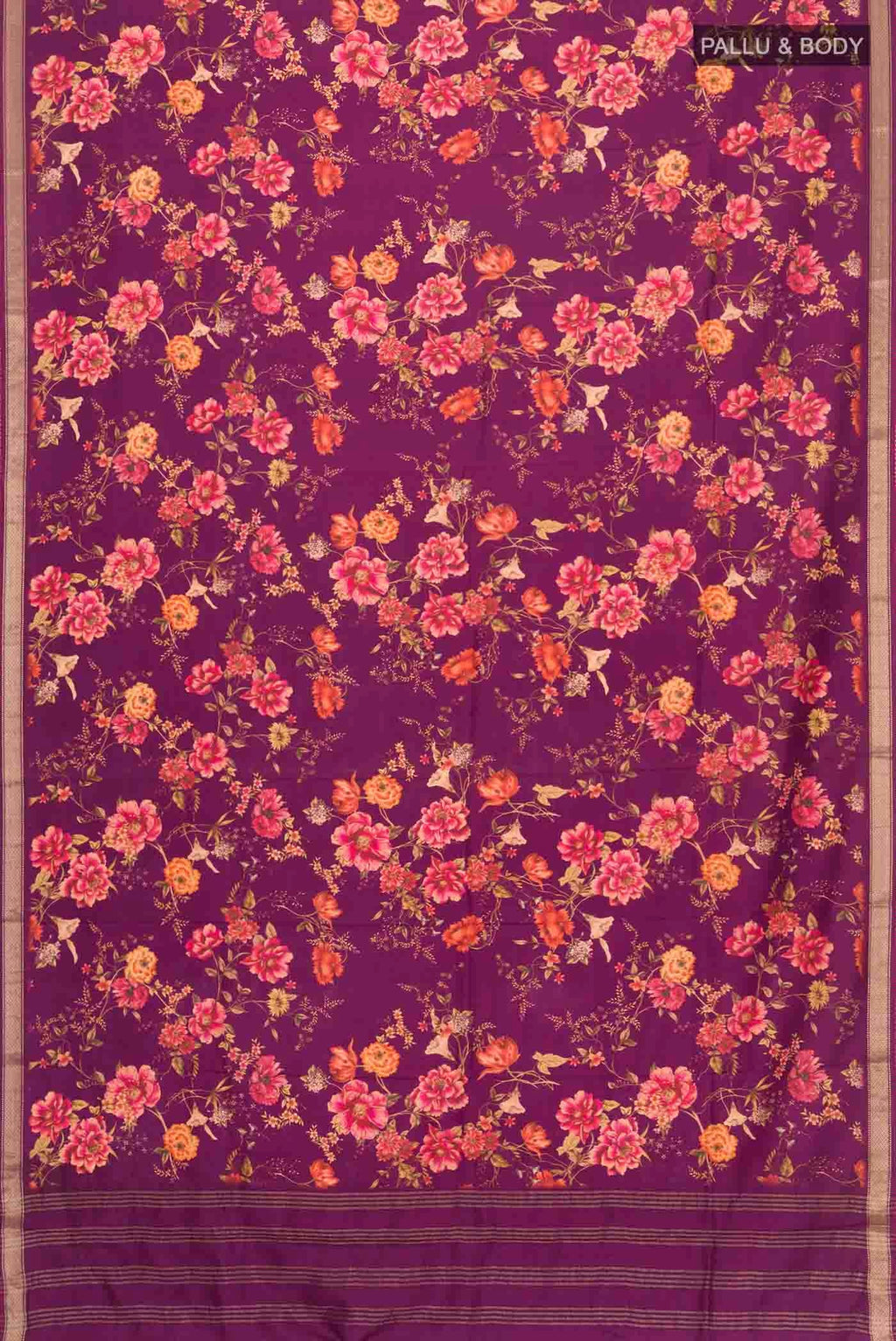 Flat view of Magenta Printed Silk Saree with Printed design on the body and Zari Border