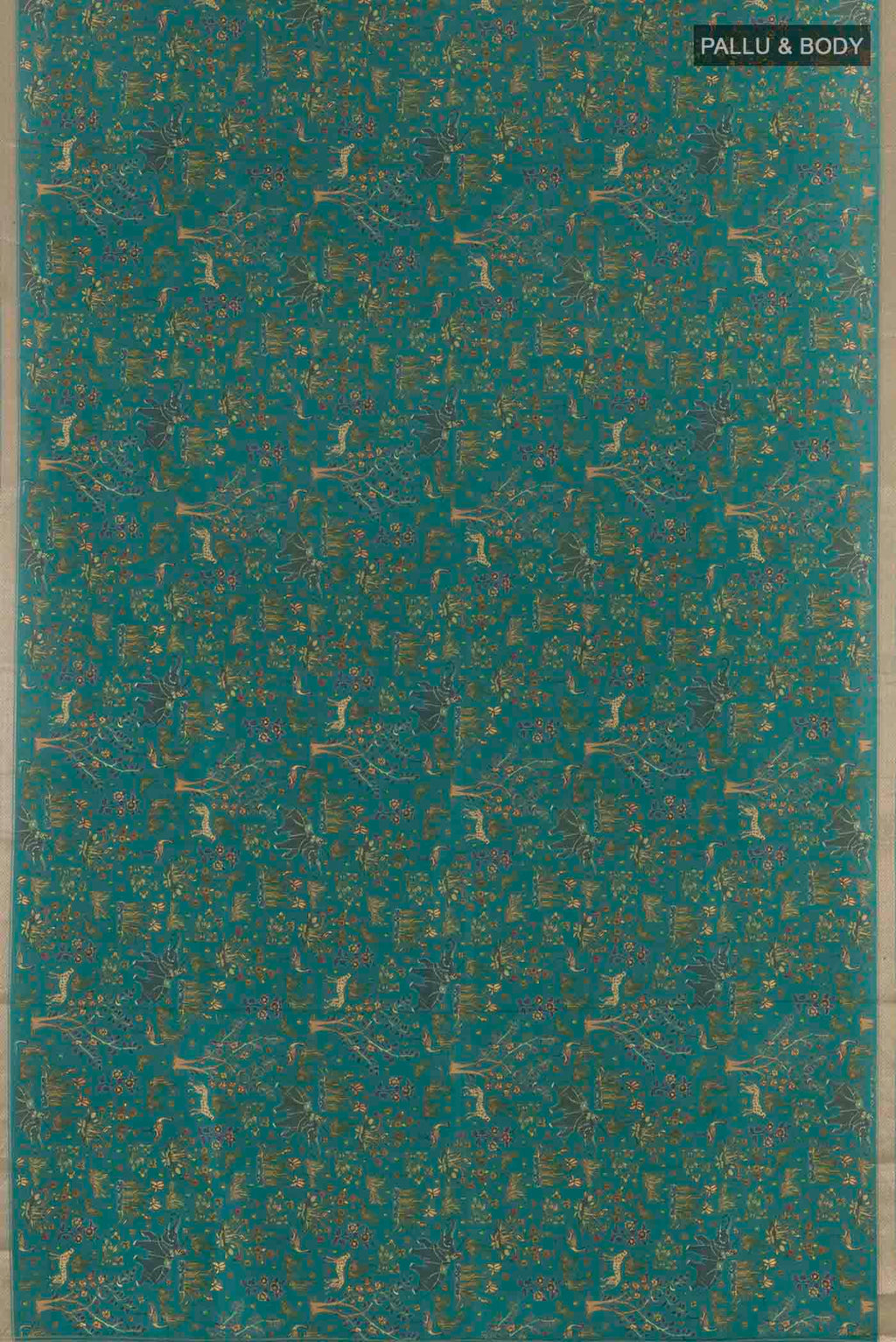 Flat view of Green Printed Silk Saree with Printed design on the body and Zari Border