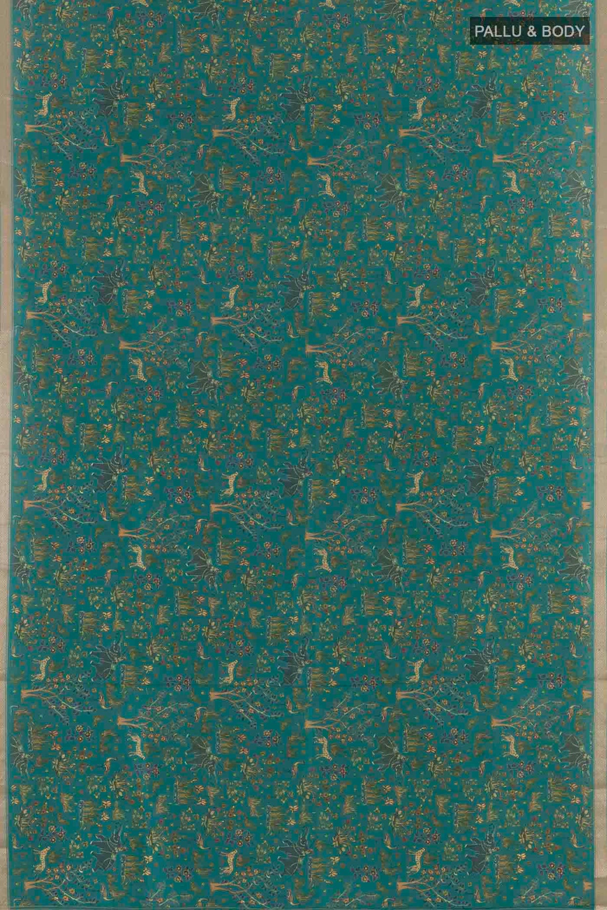Flat view of Green Printed Silk Saree with Printed design on the body and Zari Border