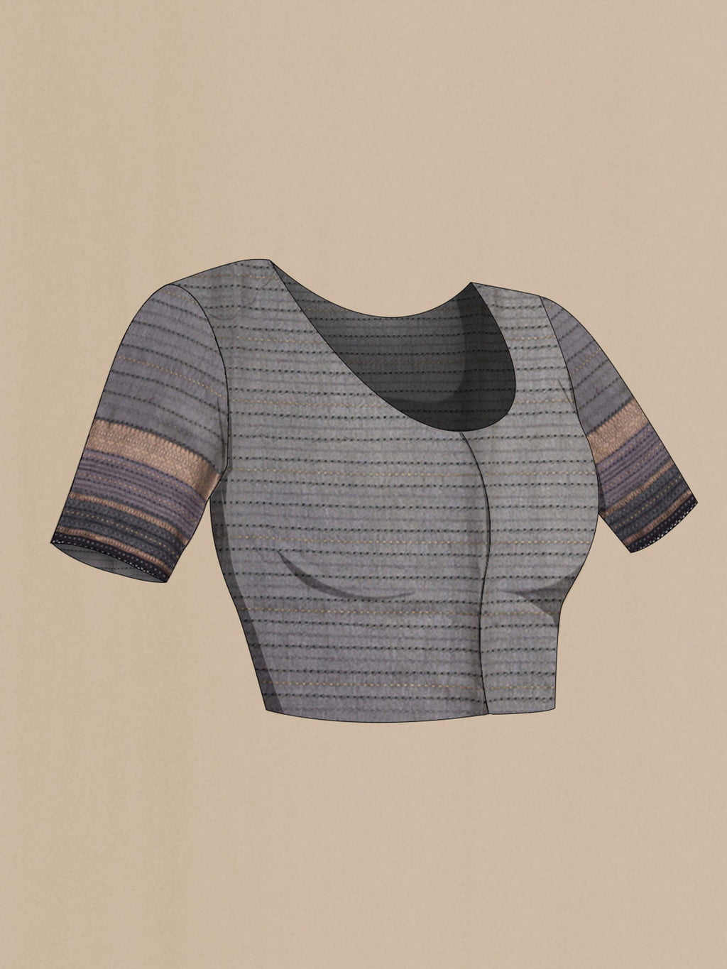 Close up image of the blouse of Grey Tussar Saree with Printed design on the body and Zari Border