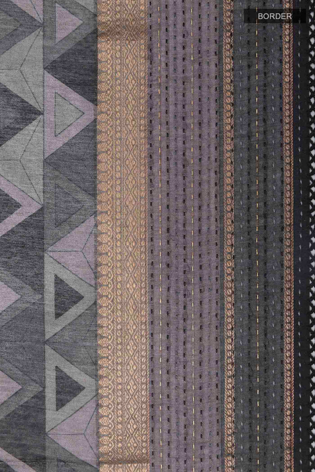 Border image of Grey Tussar Saree with Printed design on the body and Zari Border