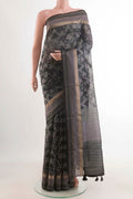 Grey Tussar Saree with Printed design on the body and Zari Border displayed on a mannequin