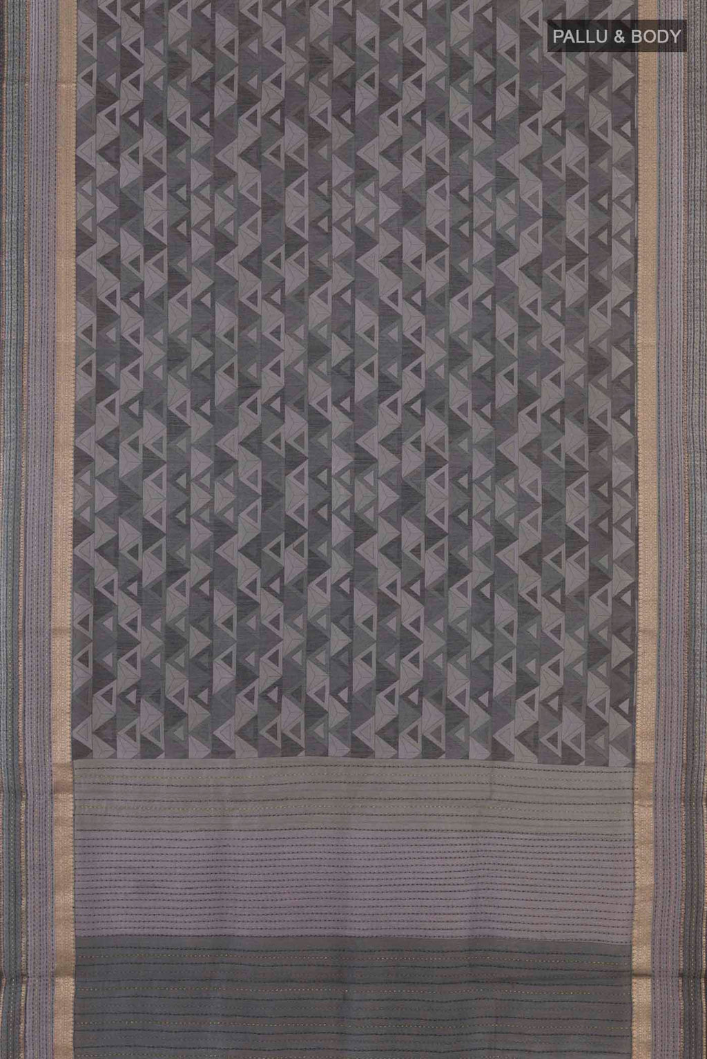 Flat view of Grey Tussar Saree with Printed design on the body and Zari Border