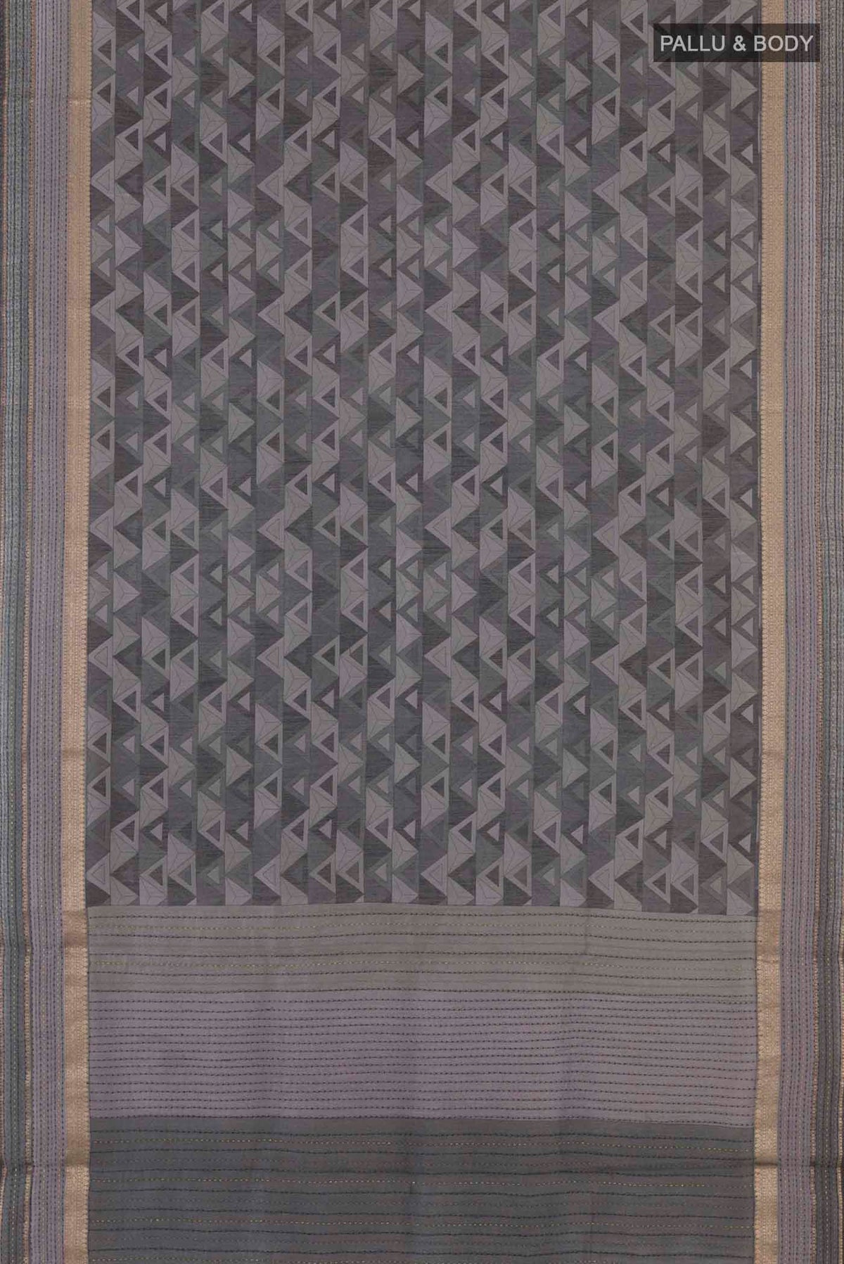Flat view of Grey Tussar Saree with Printed design on the body and Zari Border