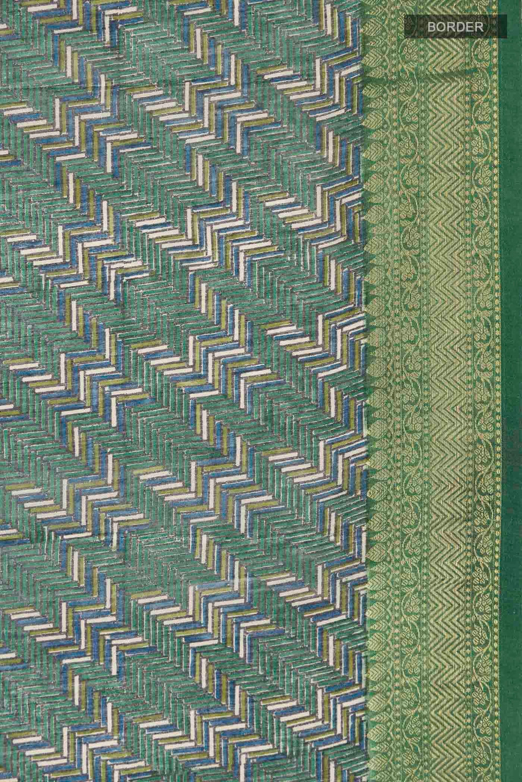 Border image of Green Tussar Silk Saree with Printed design on the body and Zari Border