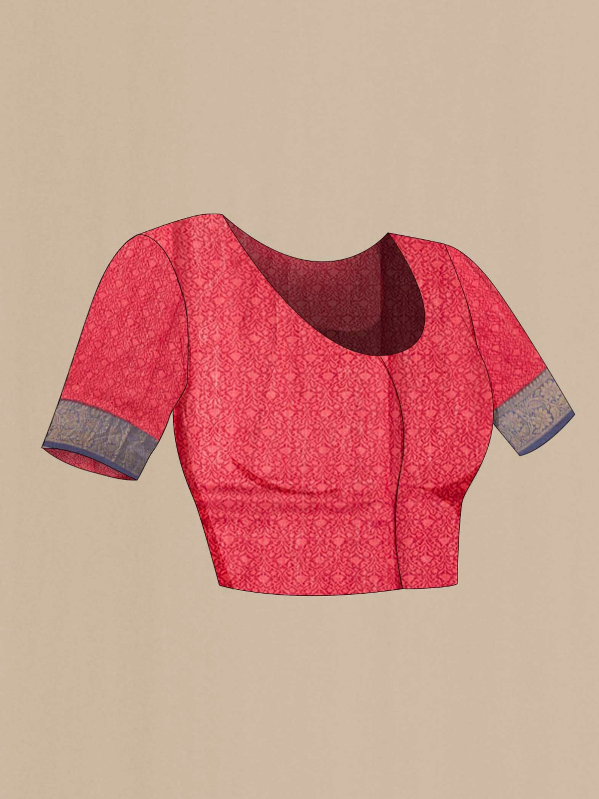 Close up image of the blouse of Red Tussar Silk Saree with Printed design on the body and Zari Border