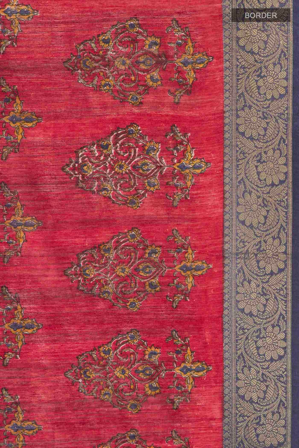 Border image of Red Tussar Silk Saree with Printed design on the body and Zari Border