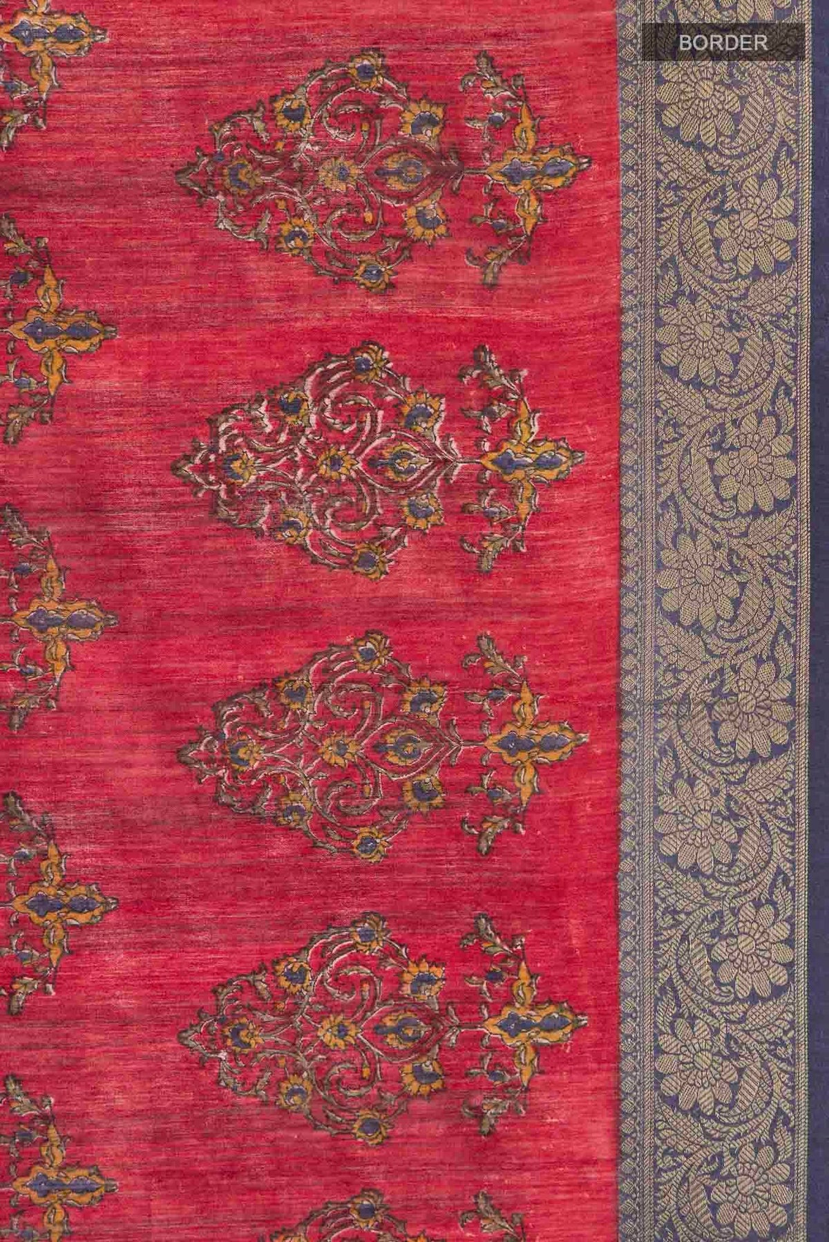 Border image of Red Tussar Silk Saree with Printed design on the body and Zari Border