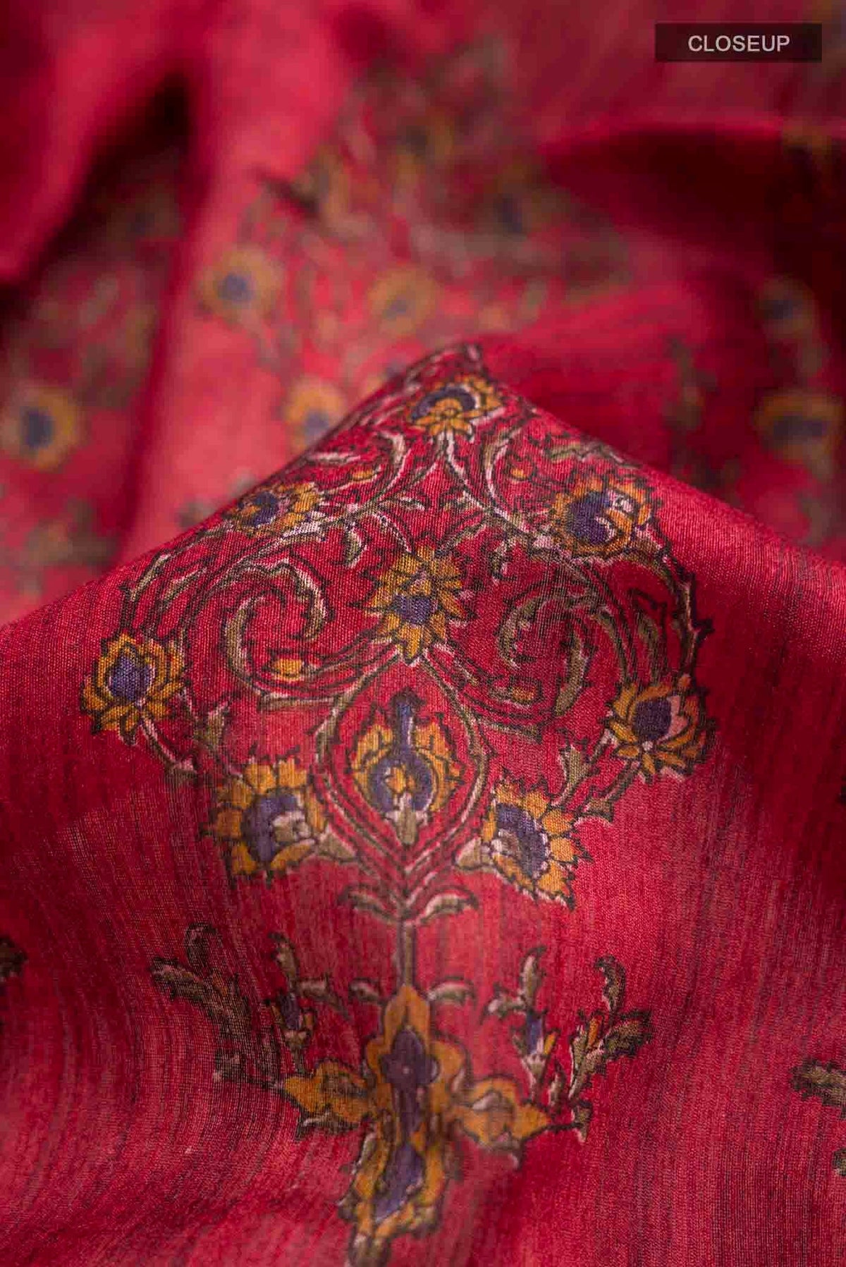 Close up of Red Tussar Silk Saree with Printed design on the body and Zari Border displaying folds