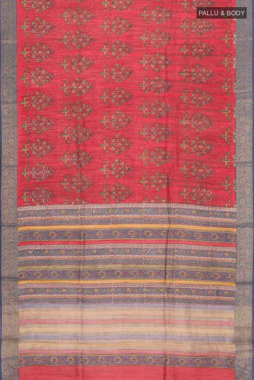 Flat view of Red Tussar Silk Saree with Printed design on the body and Zari Border
