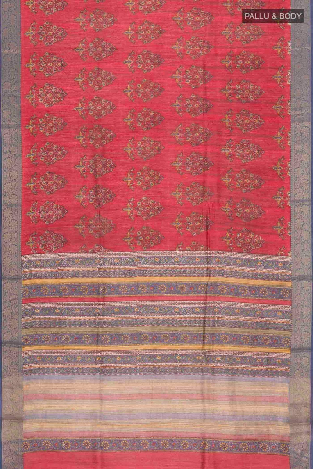 Flat view of Red Tussar Silk Saree with Printed design on the body and Zari Border