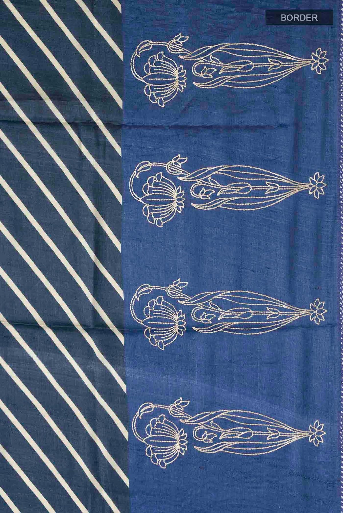 Border image of Blue Tussar Silk Saree with Stripes on the body and Embroidery Border