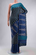 Blue Tussar Silk Saree with Stripes on the body and Embroidery Border displayed on a mannequin