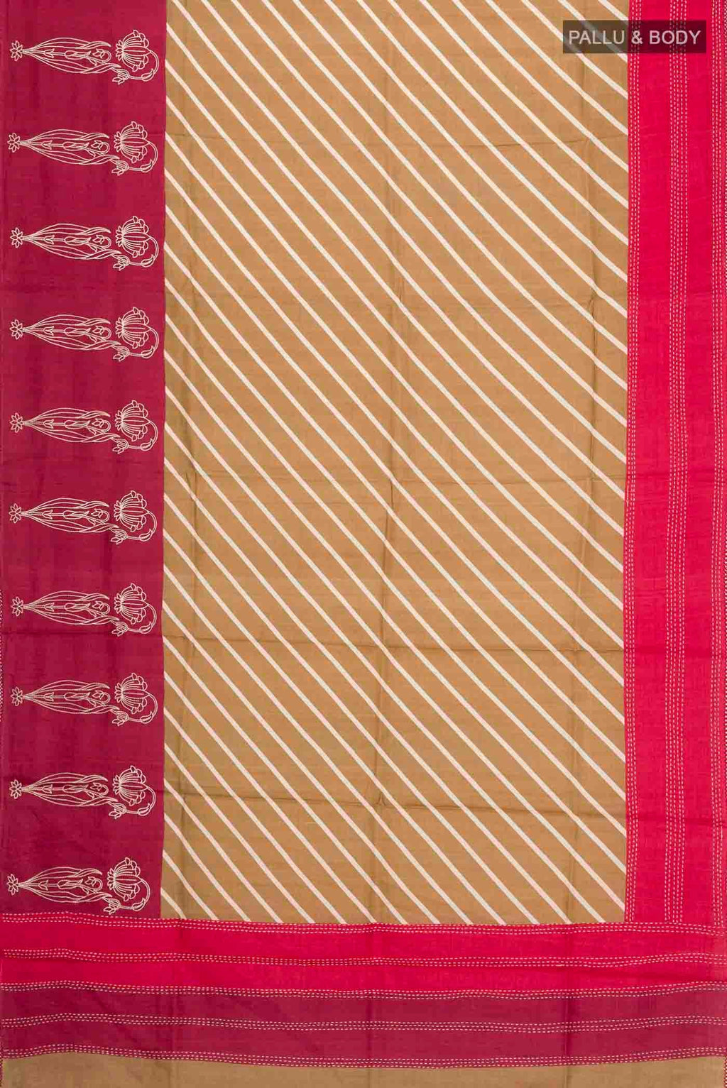 Flat view of Green Tussar Silk Saree with Printed design on the body and Embroidery Border