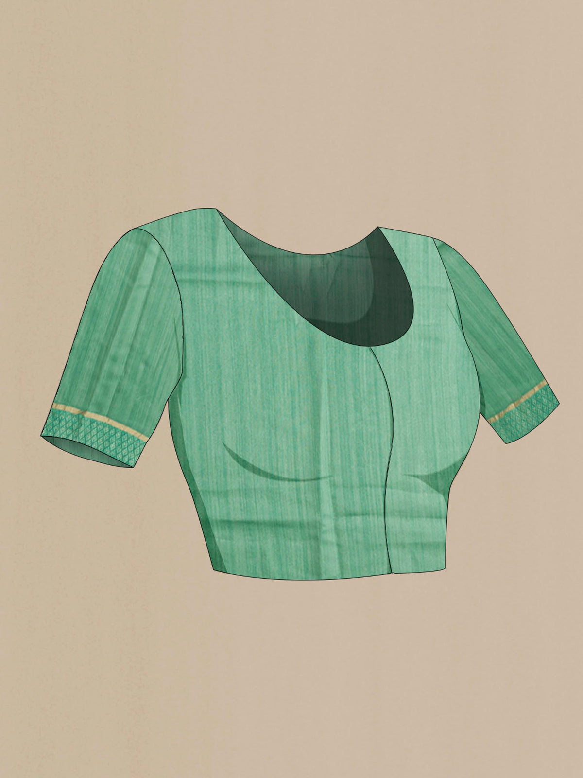 Close up image of the blouse of Blue Tussar Silk Saree with Printed design on the body and Zari And Thread Border