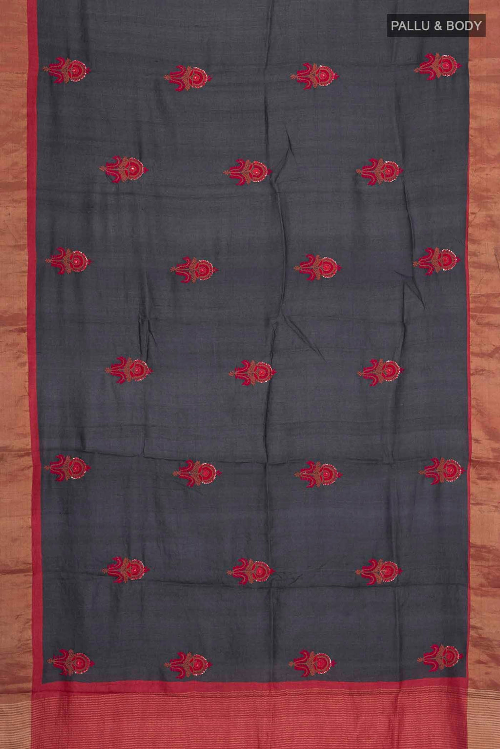 Flat view of Blue Tussar Silk Saree with Embroidery on the body and Zari Border
