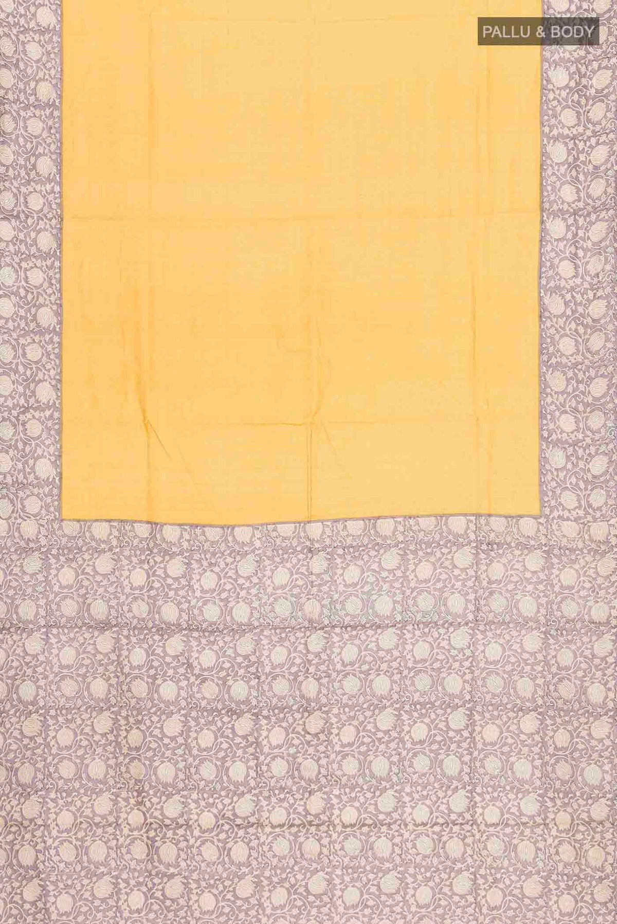 Flat view of Yellow Tussar Silk Saree with Checked design on the body and Printed Border