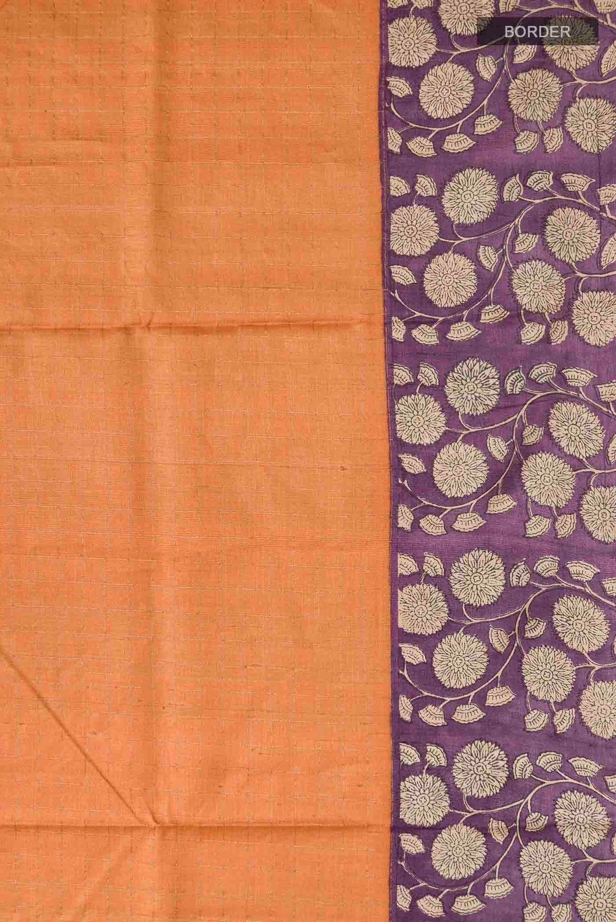 Border image of Orange Tussar Silk Saree with Checked design on the body and Printed Border