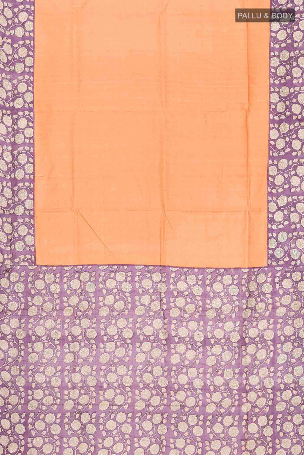 Flat view of Orange Tussar Silk Saree with Checked design on the body and Printed Border