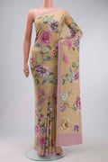 Beige Mysore Crepe Saree with Printed design on the body and Plain Border displayed on a mannequin