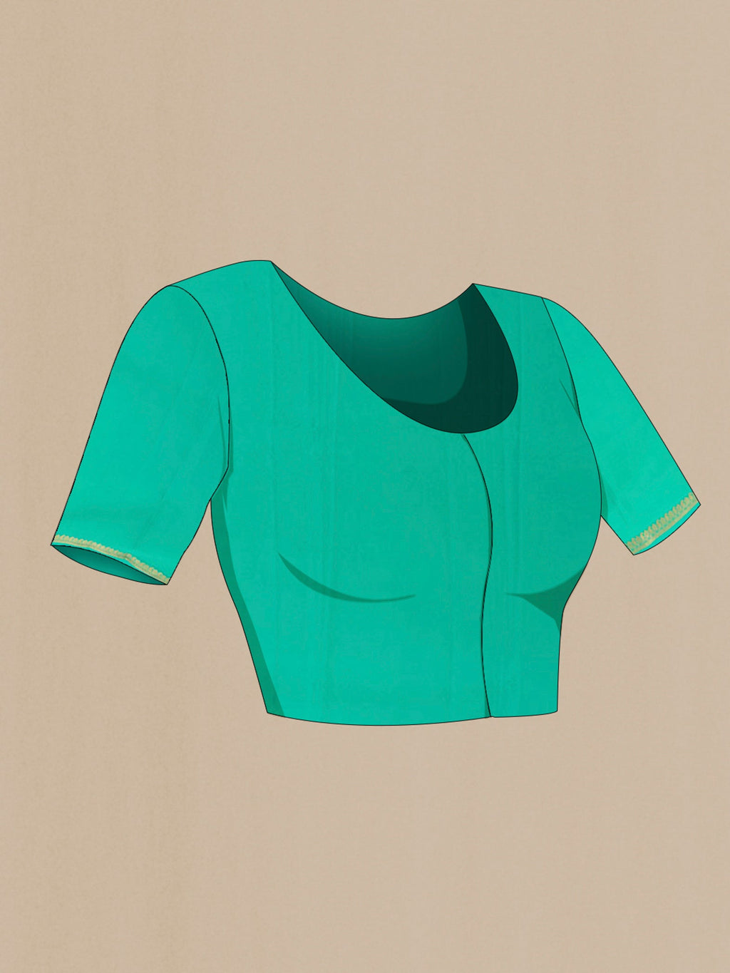 Close up image of the blouse of Sea Green Mysore Crepe Saree with Plain Body and Zari Border. 