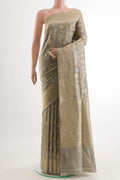 Grey Banarasi Silk Saree with Zari Brocade on the body and Zari Border.  displayed on a mannequin