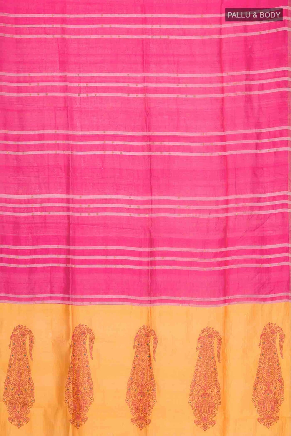Flat view of Pink Tussar Silk Saree with Stripes on the body and Embroidery Border