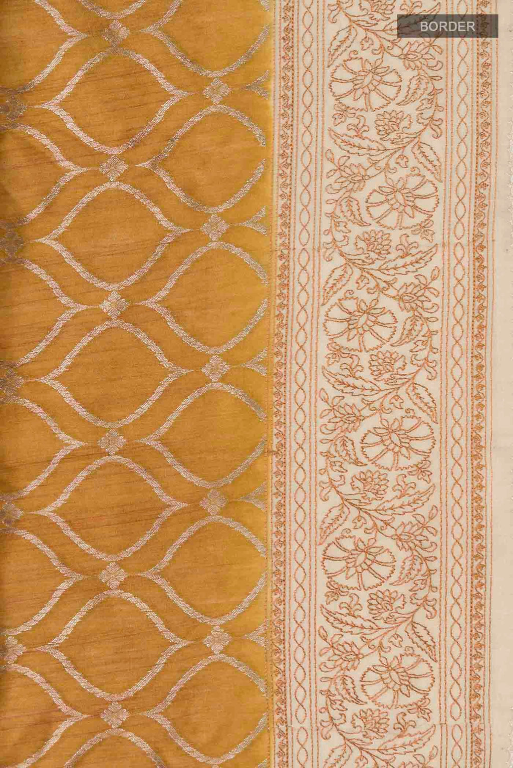 Border image of Mustard Tussar Silk Saree with Zari Butta on the body and Embroidery Border