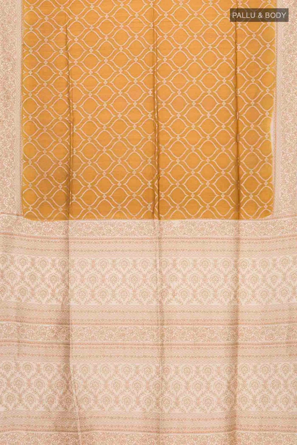 Flat view of Mustard Tussar Silk Saree with Zari Butta on the body and Embroidery Border