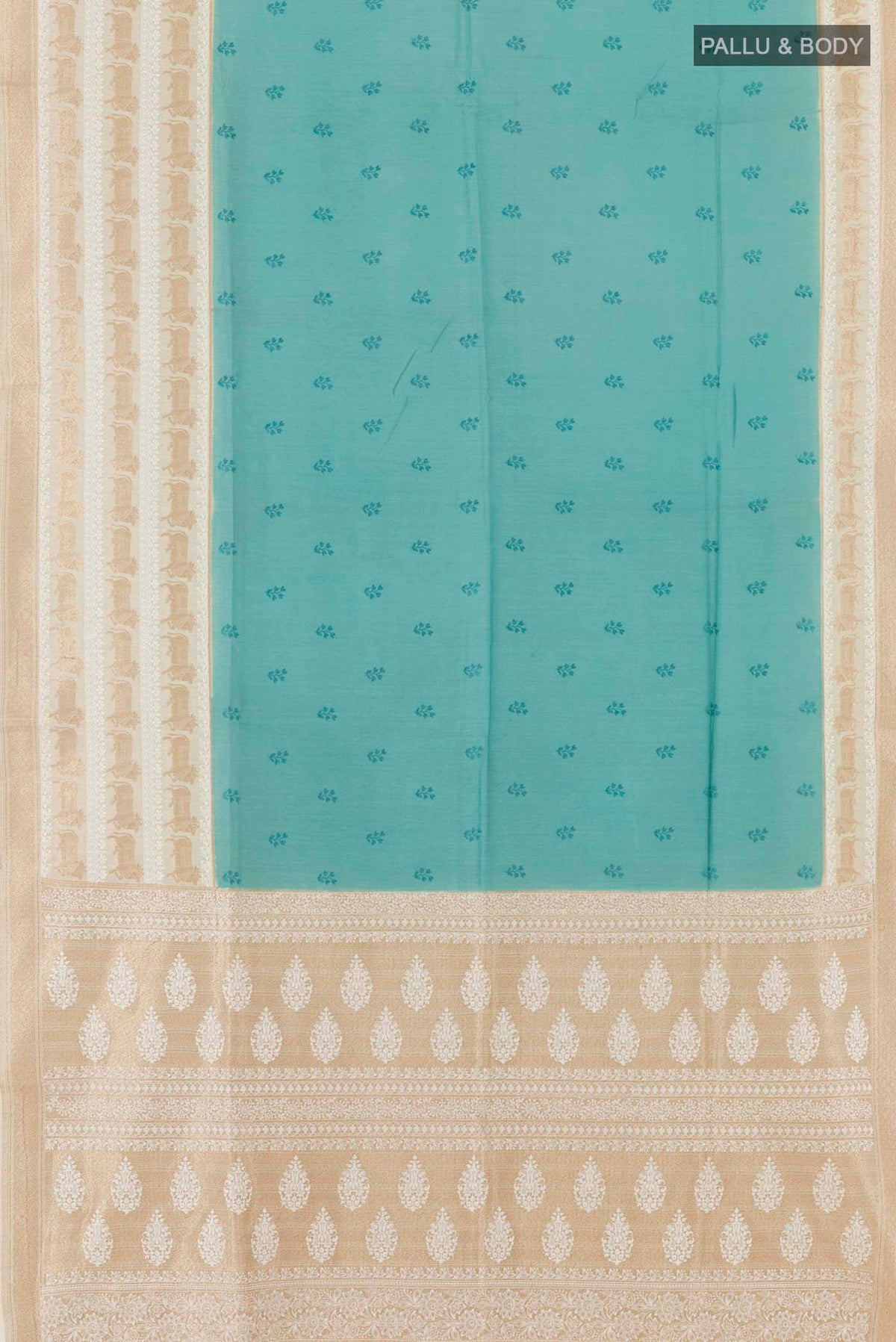 Flat view of Blue Tussar Saree with Thread Butta on the body and Thread Border