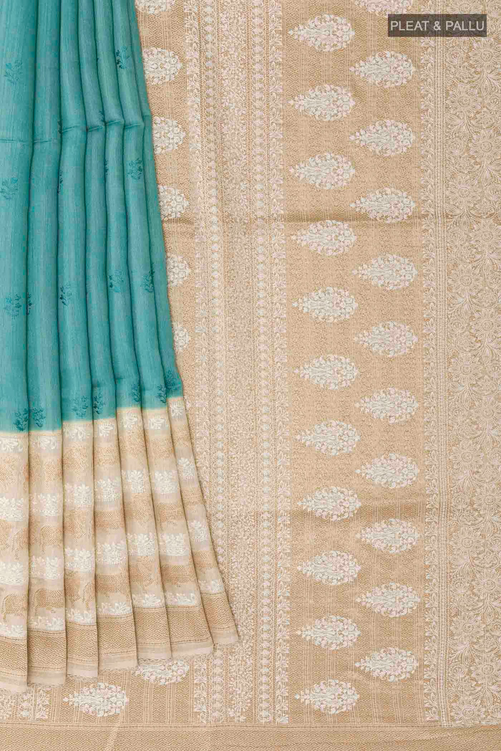 Pleats and pallu of Blue Tussar Saree with Thread Butta on the body and Thread Border